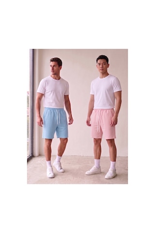 Machi Makiteks Mavi Pembe İkili Rahat Kesim Beli Lastikli Cepli Penye Şort Günlük Basic Rejenere Sweat Bermuda Mavi - Pembe
