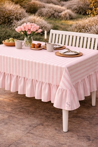 Buldan Keteni Fırfırlı Vintage Pembe Çizgili Masa Örtüsü Çok Renkli