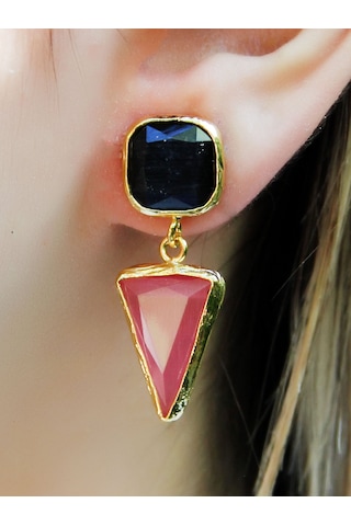 Kare Üçgen Modelli Kedigözü Cam Gold Kaplamalı Kadın Küpe Euku24sp Pembe