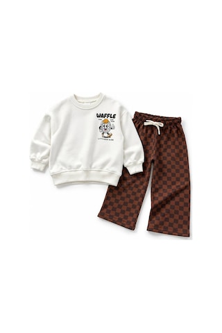 Monila Erkek Çocuk 3 İplik Pamuklu Ekru Waffle Baskılı Sweatshirt Ve Kahverengi Kareli Alt Üst Takım