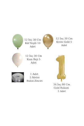 1 Yaş Retro Küf Yeşili Krom Gold Kum Beji Balon Seti Gold Rakam Doğum Günü Balonu Şık Parti Süsleme Çok Renkli