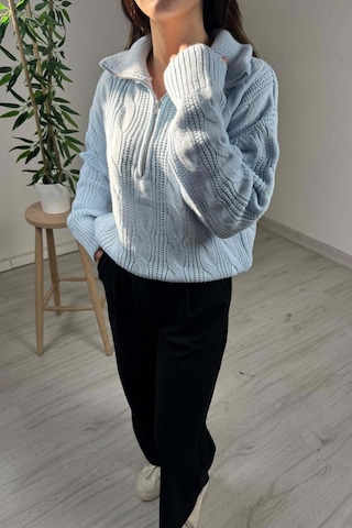 Explode - Kadın Mavi Fermuarlı Yaka Oversize Örgülü Triko Kazak Mavi