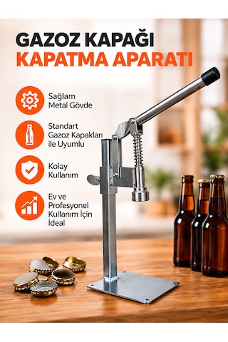 Gazzel Şişe Kapatma Aleti Gazoz Soda Şişesi Taç Kapak Makinası + 250 Adet Gazoz Kapağı Makine + 250 Adet Kapak