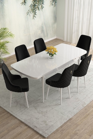 Meri Serisi Beyaz 80x132 Açılabilir Mdf Masa Yemek Odası Takımı, Mutfak Masa Takımı 6 Adet Sandalye Siyah