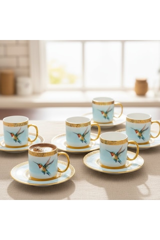 Stork Mavi Gold Renk Kuş Figürlü 6 Kişilik Porselen Kahve Fincan Takımı - 90 Ml. Mavi - Beyaz