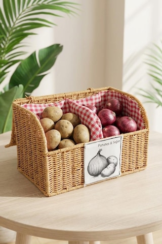 Digithome Dikdörtgen Rattan Hasır Patates Soğan Çift Bölmeli Sepet Düzenleyici Organizer -9t09 Kahverengi