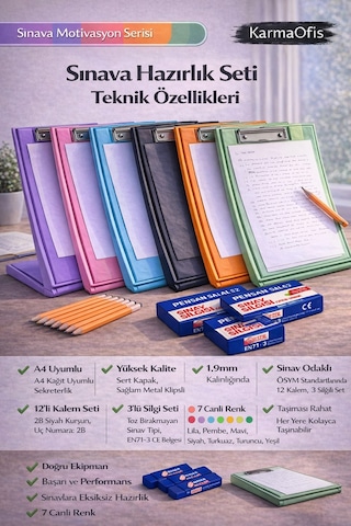 Yeşil Sekreterlik Seti + 12 Li Ösym Kurşun Kalem + 3 Sınav Silgisi Sınav Hazırlık Seti