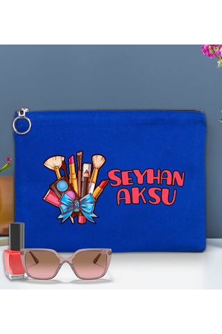Bk Gift Kişiye Özel İsimli-3 Astarlı Mavi Portföy Çanta 30x21cm, Baskılı El Çantası, Organizer Çanta