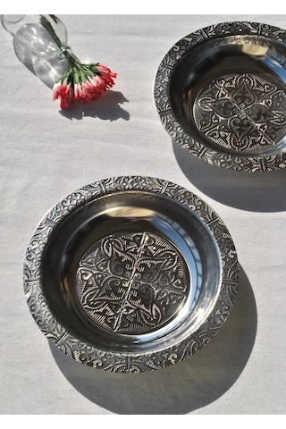 2 Kişilik 4 Parça Paslanmaz Çelik Etnik Desenli Yemek Seti Sunum Tabağı Ve Yemek Tabağı Gümüş