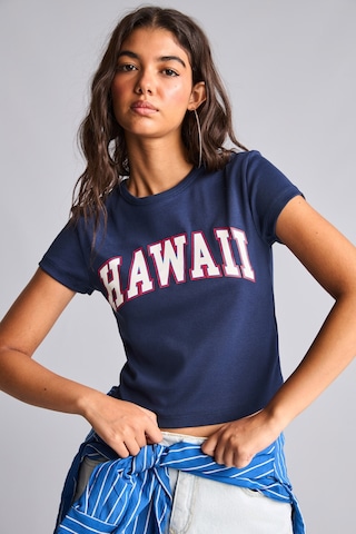 Defacto Fitted Bisiklet Yaka Hawaii Baskılı Ribana Kısa Kollu Crop Tişört I5341ax26hsnv241 Lacivert-nv241
