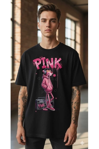 Pembe Panter Baskılı Oversize Erkek Pamuklu T-shirt Siyah