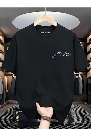 Beyaz Dağ Baskılı Oversize Tişört SIYAH