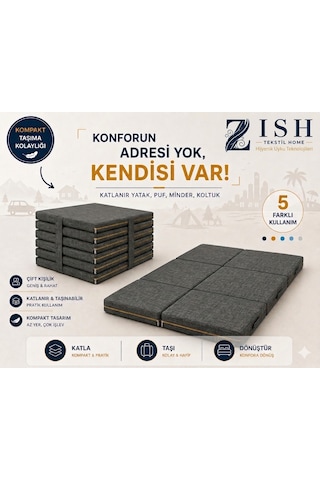 Flexa Gri 7 Cm Katlanır Sünger Yatak Yer Yatağı, Misafir Yatağı Puf, Koltuk, Şilte Ve Minder Kullanımı Taşıma Kulplu Fermuarlı Yıkanabilir Keten Kılıf 24 Dns Orta Sert Sünger Çift Kişilik
