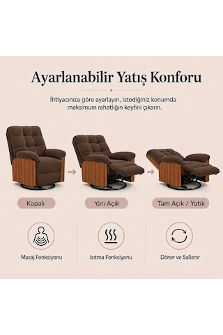 Smarto Relax Porto Tv Koltuğu Elektrikli Masajlı Isıtmalı Döner Sallanan Ahşap Yan Panelli Polyester Kumaş Baba Koltuğu Kahverengi