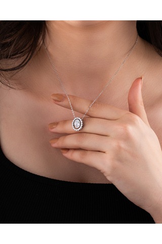 925 Ayar Rodyum Zirkon Taşlı Oval Anturaj Hareketli Ayarlanabilir Gümüş Kolye Rzn10321 Gümüş