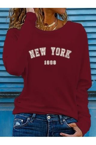 Kadın Uzun Kollu Bisiklet Yaka Yazı Baskılı Viskon Bluz Bordo