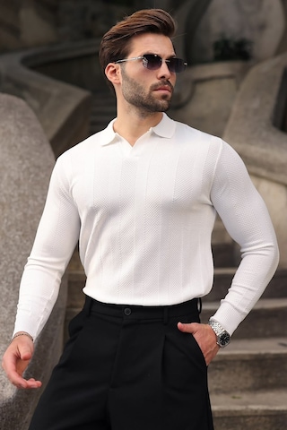 Madmext Beyaz Regular Fit Polo Yaka Triko Erkek Kazak E7509