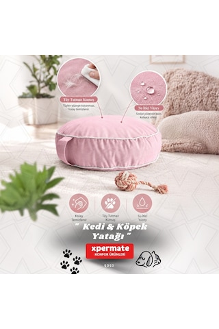 Xpermate Fermuarlı Kedi ve Köpek Minderi Yuvarlak Kedi Minderi Yıkanabilir Kedi Köpek Yatağı Pembe