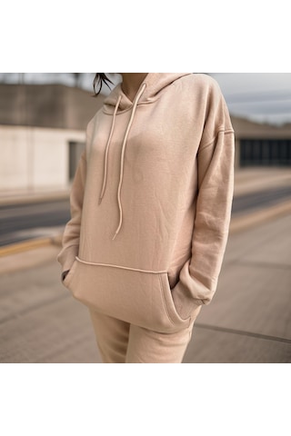 Ceyss Design Unisex Üç İplik Şardonlu Oversize Hoodieli Eşofman Takımı-bej Bej