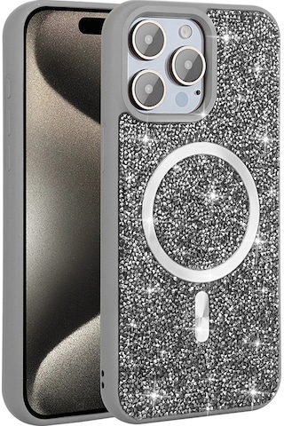 Apple Uyumlu iPhone 15 Pro Kılıf Pırlanta Tasarımlı M-safe Şarj Özellikli Mozaik Silikon Kılıf Titanyum-gri