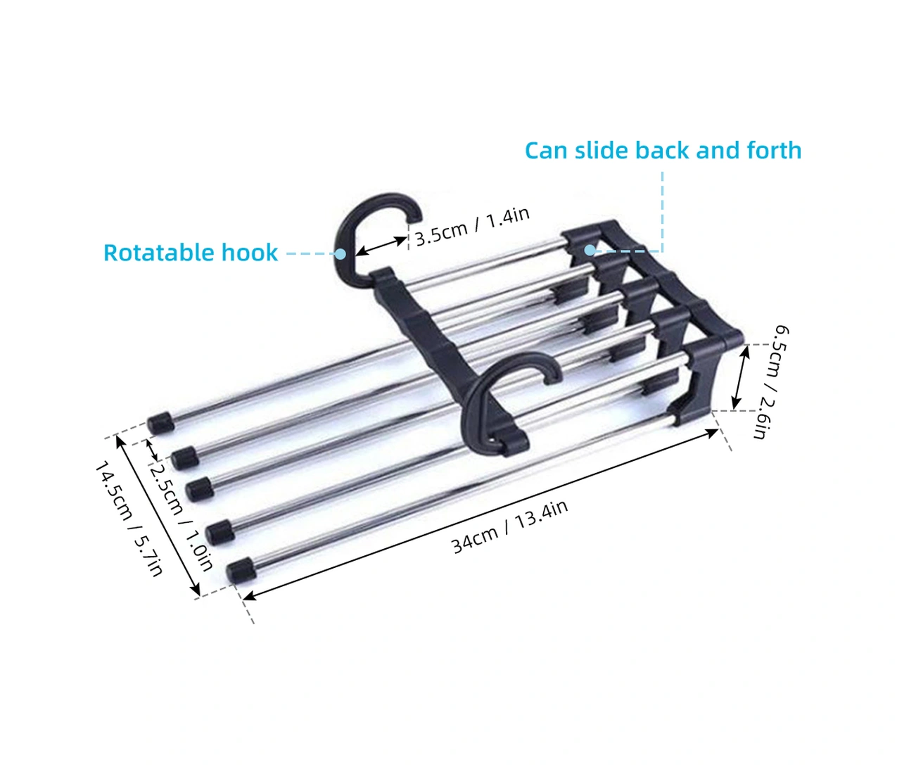 Moveevo Stoksel Paslanmaz Çelik 5 Katlı Çekilebilir Pantolon Asıcı, Kayma Engeli, 360 Derece Döner Kanca, 2 Adet Siyah Ev Giyim Organizatörü Siyah