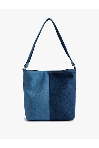 Koton Saplı Fermuarlı Renk Bloklu Denim Tote Çanta Multıcolor 5sak30061aa Mavi