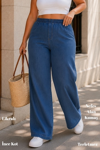 Cedy Denim Kadın Büyük Beden Yüksek Bel Palazzo Pantolon Yazlık İnce Kumaş Terletmez Likralı C633 Mavi