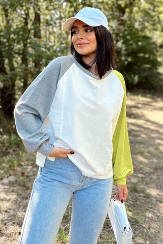 WeShaya Kadın Beyaz Uzun Balon Kol, Yuvarlak Yaka, Kolları Double Color Block Basic Sweatshirt Bluz Beyaz