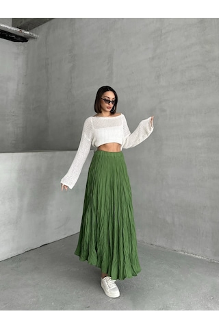 Kadın Buruşuk Modal Dokulu Soft Uzun Etek Yeşil