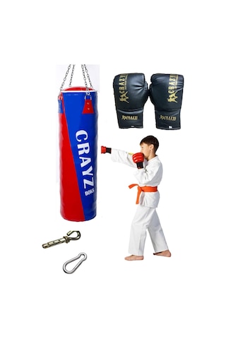 Crayz Çocuk Dolu Boks Kum Torbası Boks Eldiveni Set + Askı Aparatı 70x25cm Kırmızı Mavi Çok Renkli