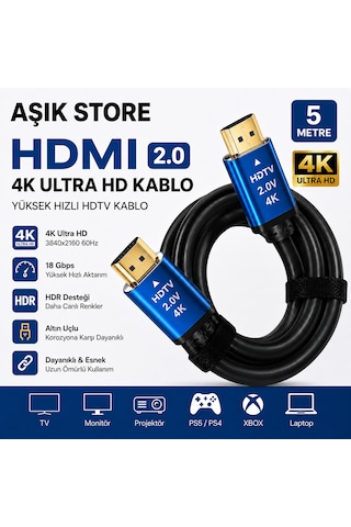 Hdmı 2.0 Kablo 5 Metre 4k Ultra Hd 18gbps Altın Uçlu Hdr Destekli Tv Monitör Ps5 Xbox Laptop Uyumlu