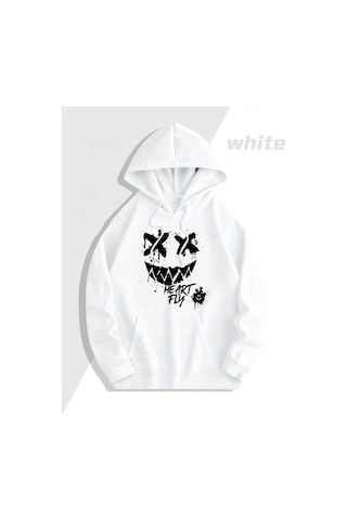 Nevermind Sevgili Kombini Oversize Hoodie Heart Fly Gülüş Baskılı 3 İplik Beyaz