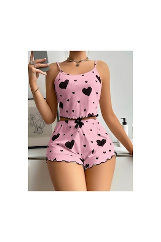 Lily Bianca Nightwear Kalp Desenli Mini Şortlu Penye Gecelik Pembe
