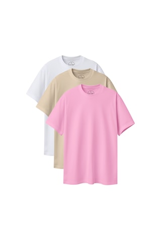 Velvoria Unisex Oversize Basic 3'lü Beyaz Bej Pembe Renk T-shirt Çok Renkli10