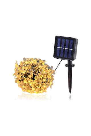 Çiçek Desenli Solar Aydınlatma-50 Ledli Güneş Enerjili 8 Fonksiyonlu Günışığı Sarı Bahçe Led