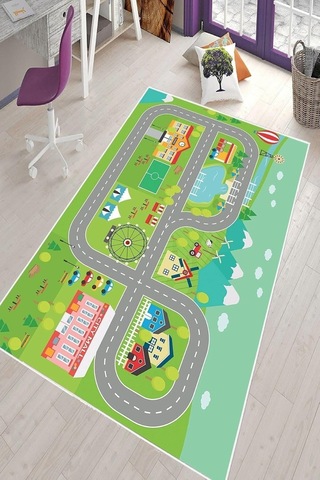 Pelangi Yeşil Araba Yollu Yıkanabilir Kaymaz Taban Leke Tutmazbebek Ve Çocuk Odası Halısı, Yeşil 120 X 160, 90135 Çok Renkli