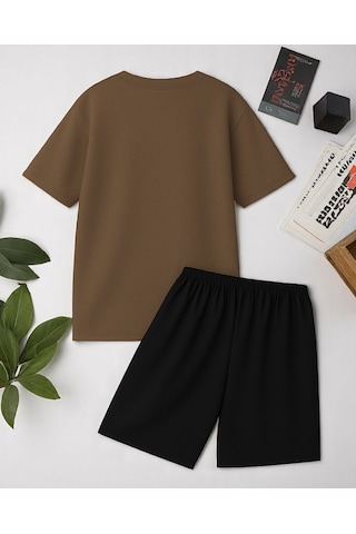 Uyguntarz Unisex Brooklyn Baskılı Tasarım Şort Takım Kahverengi