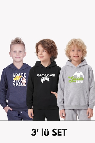 Panios Kids 3'lü Kanguru Cepli Kapüşon Detaylı Baskılı Erkek Çocuk 3 Parça Sweatshirt Füme - Siyah