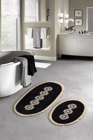 Eyfel Saçakli Banyo Takımı 2 Pcs Açik Kahve Siyah