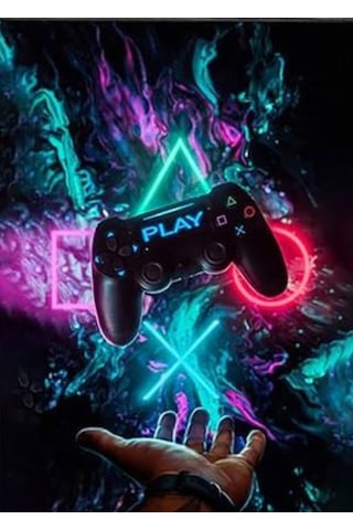 Playstation Gamepad Neon Kanvas Tablo Gamer Oyun Odası Duvar Dekorasyonu Süsü