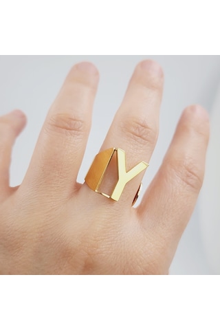 Çelik Gold Düz Kesim Harf Yüzük -y Harfi- Ayarlı Ölçü-1900