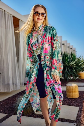 Remsa Tesettür Mayo Üzerine Tek Kaftan Kimono Pareo Yeşil Rp026 Patara Yeşil