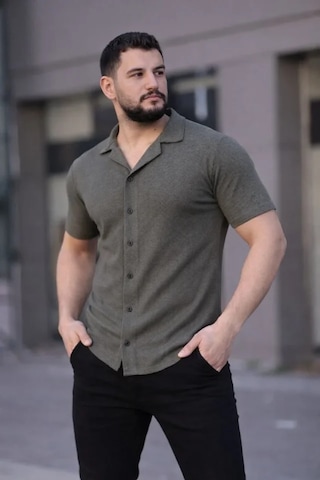 Etiler Collection Erkek Waffle Kumaş Kısa Kollu Düğmeli Açık Yaka Regular Fit Gömlek - Haki