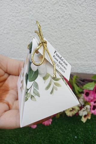 30 Adet Gold İpli Yeşil Çiçekli Piramit Kutu - Kına Hediye Kutu