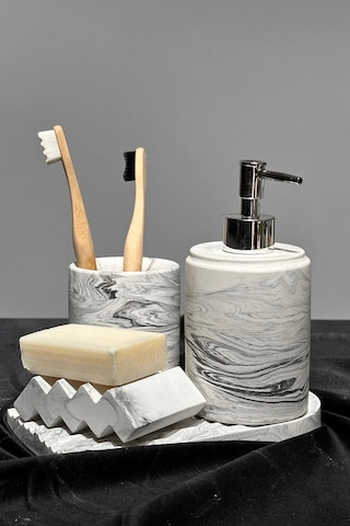 Betonmall 4 Parça Mermer Desenli Beton Banyo Seti Katı Ve Sıvı Sabunluk Diş Fırçalık Sunum Tepsisi Siyah Beyaz Siyah - Beyaz