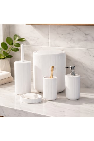 Perotti 33031500001-1 5 Parça Yuvarlak Banyo Seti - Çöp Kovası, Sabunluk, Diş Fırçalığı Ve Silikon Wc Fırçası Beyaz Beyaz