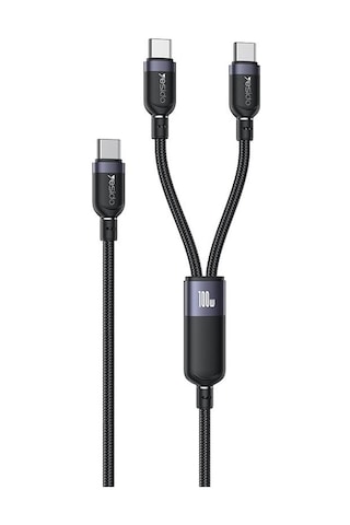 Yesido Ca92 100w 5a Usb-c / Tip-c Çift Tip-c 2 İn 1 Şarj Kablosu, Uzunluk: 1.2m Siyah