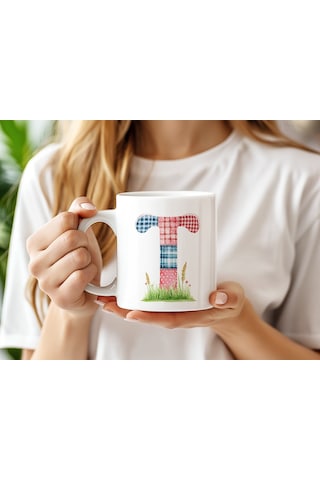 T Harfli Retro Çiçekli Kupa Bardak - Patchwork Tarz Yamalı Desenli İsme Özel Kupa - Hediye 07 Beyaz