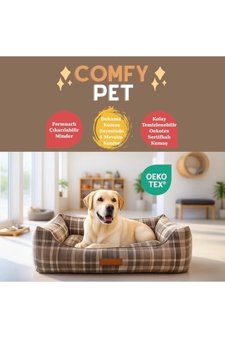 Comfy Pet Kedi Ve Köpek Yatağı Bej/oeko-tex Sertifikalı Dokuma Kumaş, Yıkanabilir Fermuarlı Minder, Tamamlayıcı