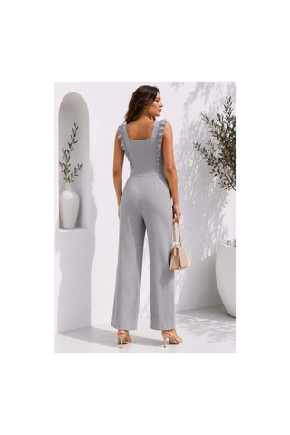 DefyModa Kadın Tasarım Tül Kumaş Kare Yaka Kuşaklı Tulum Gri